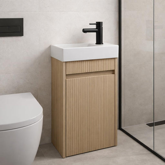 H&F Toiletmeubel Eikgrijs Geribbeld incl. Kraan, Sifon & Pop-up