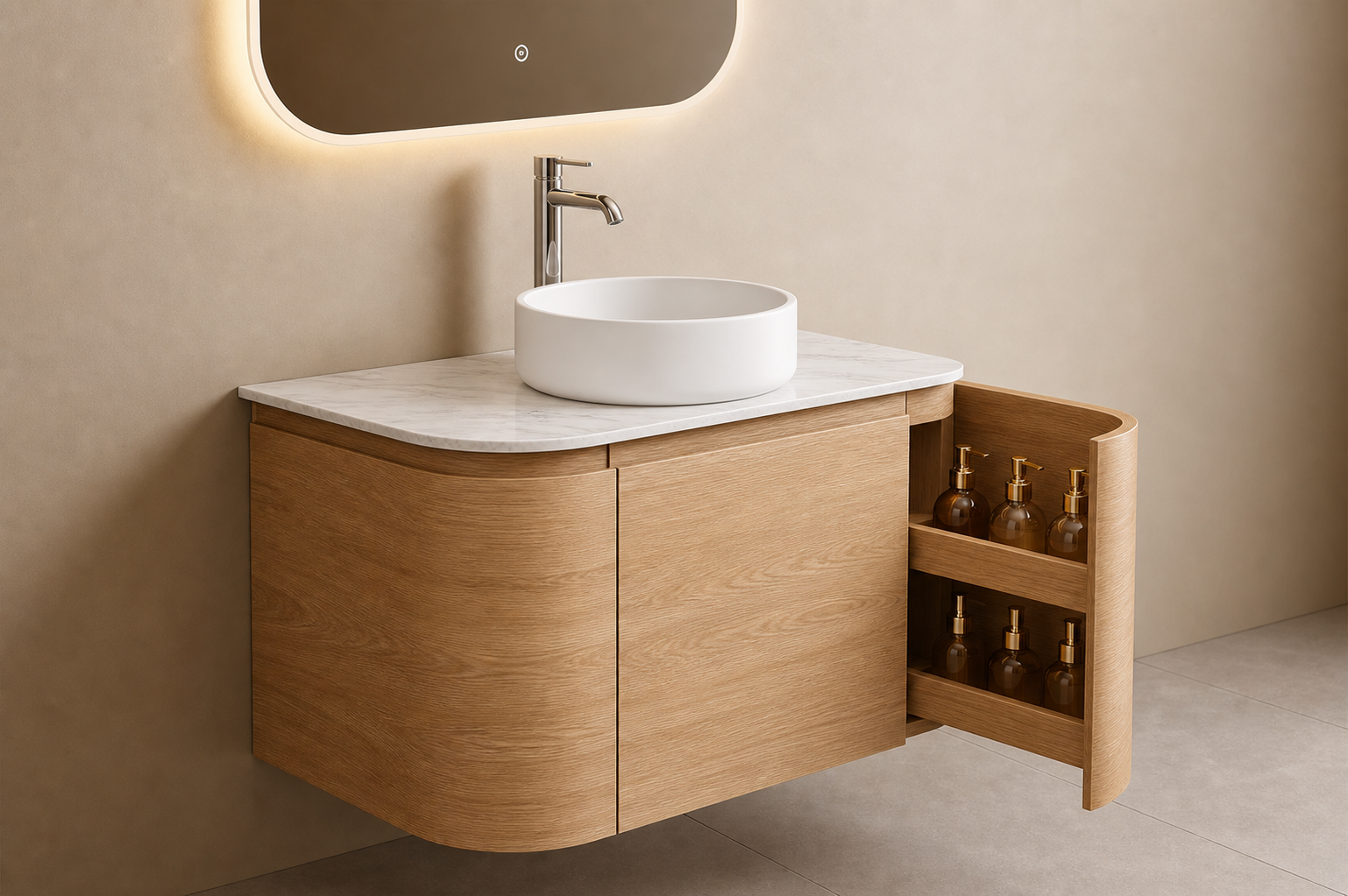 H&F Badkamer Meubelset Incl. Lavabo Naturel Eik ( Curva)